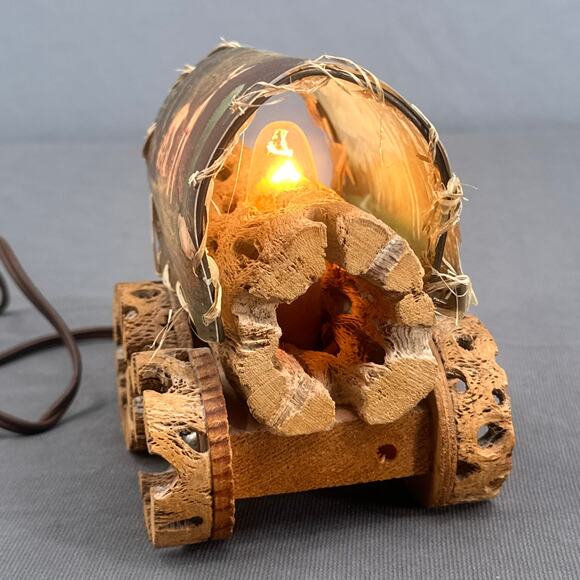 VTG Cholla Cactus Wood Covered Wagon Lamp 5" Rustic Southwest Deer Old West USA - Picture 5 of 16